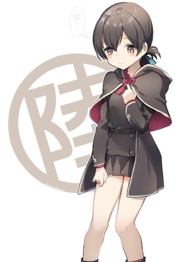 1girl belt black_capelet black_hair black_skirt blush brown_belt brown_eyes capelet closed_mouth cosplay eyebrows_visible_through_hair feet_out_of_frame folded_ponytail hair_between_eyes hood hooded_capelet kantai_collection kasuga_maru_(kancolle) long_sleeves pleated_skirt shinshuu_maru_(kancolle) shinshuu_maru_(kancolle)_(cosplay) short_hair simple_background skirt solo thought_bubble white_background yamashichi_(mtseven)