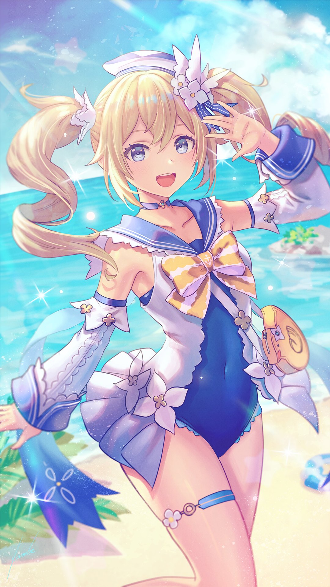 1girl anbe_yoshirou bangs barbara_pegg beach blonde_hair blue_eyes blue_swimsuit blush breasts covered_navel genshin_impact highres long_hair looking_at_viewer medium_breasts one-piece_swimsuit open_mouth shore smile solo swimsuit twintails two-tone_swimsuit white_headwear white_swimsuit