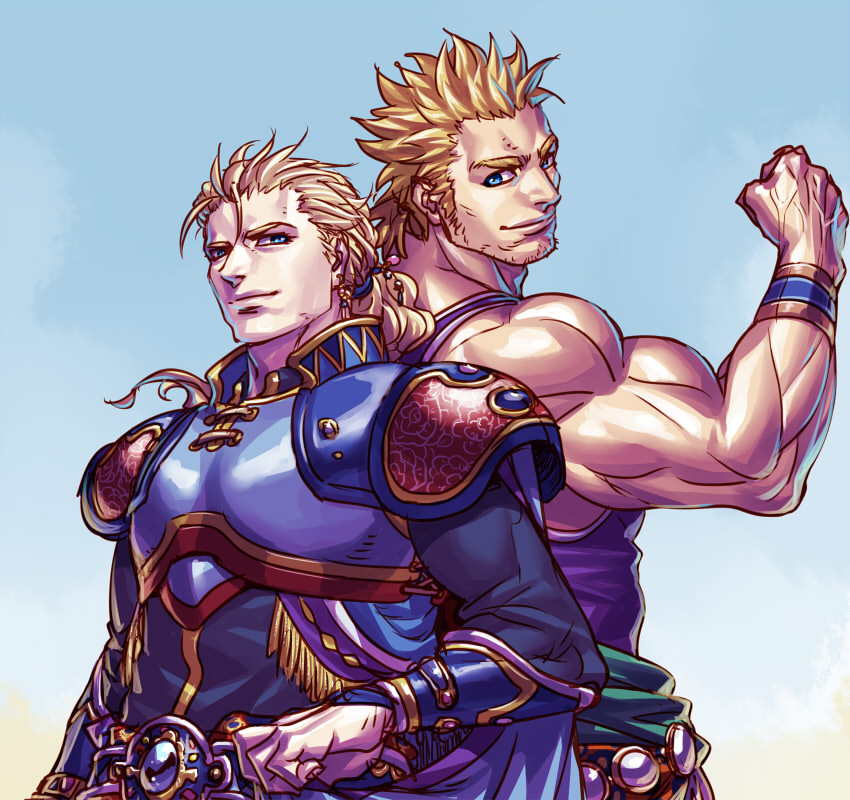2boys armor back-to-back belt biceps blonde_hair bracer breastplate brothers closed_mouth earrings edgar_roni_figaro final_fantasy final_fantasy_vi hair_ribbon jewelry kagelow king long_hair looking_at_viewer male_focus mash_rene_figaro monk multiple_boys muscular muscular_male pauldrons ponytail ribbon royal short_hair shoulder_armor siblings simple_background smile spiky_hair tank_top twins vambraces