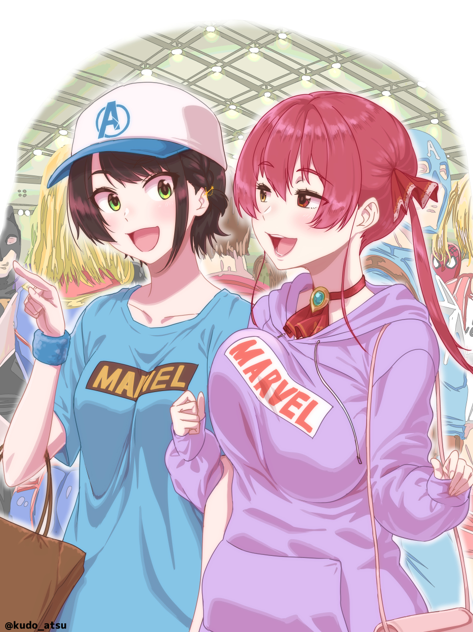 2girls alternate_costume bag bangs blush braid breasts brooch brown_hair captain_america captain_america_(series) choker collarbone commentary_request eyebrows_visible_through_hair green_eyes hair_between_eyes hair_ribbon handbag hat heterochromia highres hololive hood hoodie houshou_marine jewelry kudoo_atsu large_breasts long_hair long_sleeves marvel medium_breasts multiple_girls oozora_subaru open_mouth purple_hoodie red_eyes redhead ribbon shirt short_hair smile spider-man spider-man_(series) twintails virtual_youtuber yellow_eyes