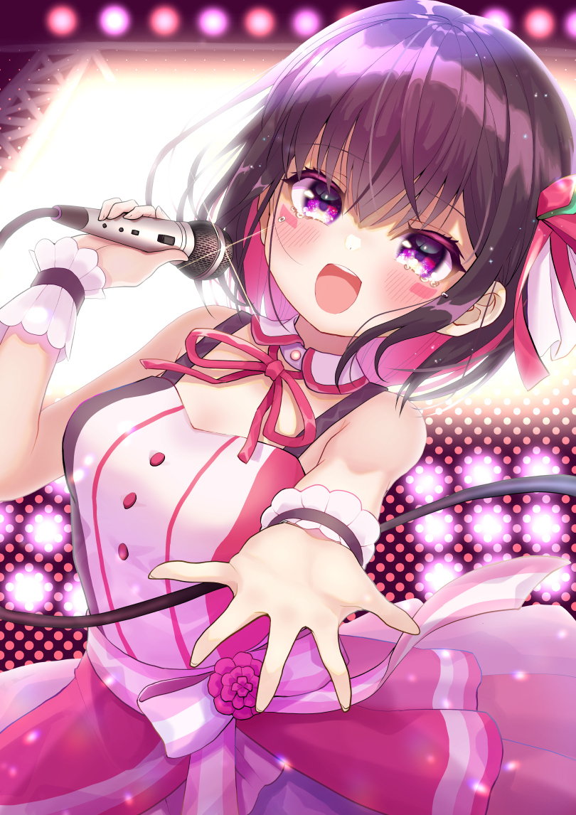1girl :d :o azki_(hololive) beckoning black_hair blush bow_dress chocomarybadend colored_inner_hair detached_collar dress facial_mark hair_ribbon happy_tears holding holding_microphone hololive idol looking_at_viewer microphone multicolored_hair music open_mouth pink_dress pink_hair reaching_out ribbon sash shirt short_hair singing sleeveless sleeveless_dress smile solo stage tearing_up tears two-tone_hair upper_teeth violet_eyes virtual_youtuber white_shirt wing_collar