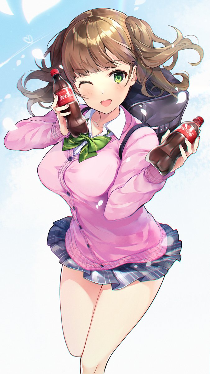 1girl ;d bag bangs blunt_bangs blush bottle bow bowtie breasts brown_hair cardigan coca-cola drink green_bow green_eyes highres holding holding_drink large_breasts long_sleeves looking_at_viewer miniskirt one_eye_closed open_mouth pink_cardigan pleated_skirt ringozaka_mariko school_bag school_uniform skirt smile twintails