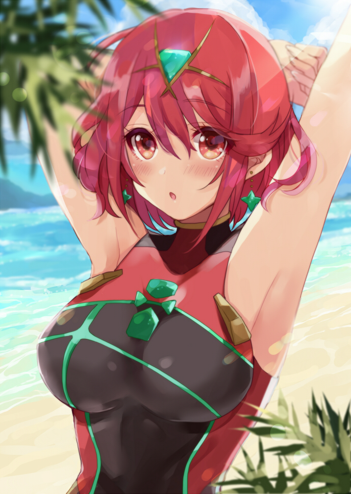 1girl bangs black_swimsuit breasts chest_jewel competition_swimsuit covered_navel gem headpiece konoha2014 large_breasts one-piece_swimsuit pyra_(pro_swimmer)_(xenoblade) pyra_(xenoblade) red_eyes redhead short_hair strapless strapless_swimsuit swept_bangs swimsuit tiara two-tone_swimsuit xenoblade_chronicles_(series) xenoblade_chronicles_2