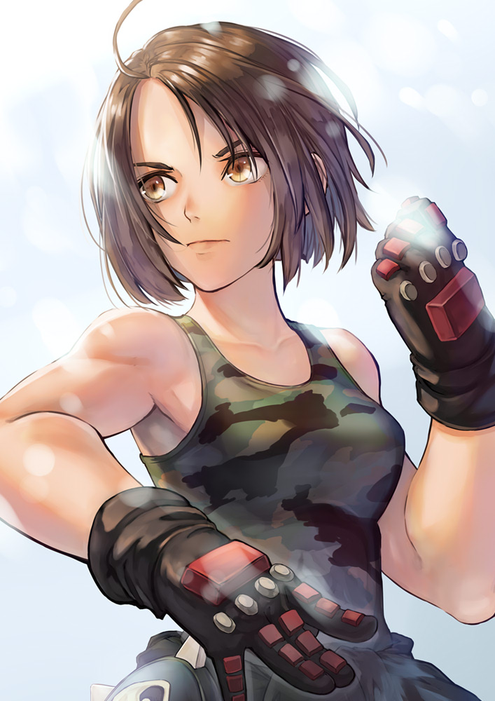 1girl ahoge bangs black_gloves breasts brown_hair camouflage_tank_top closed_mouth collarbone gloves green_tank_top hinoru_saikusa kazama_akira medium_breasts muscular muscular_female parted_bangs rival_schools short_hair solo tank_top upper_body white_background yellow_eyes