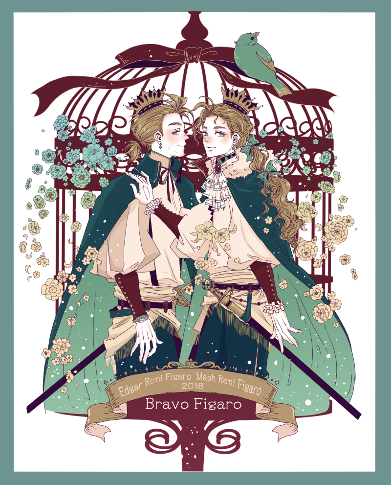 1other 2boys animal belt bird birdcage blonde_hair blue_bird blue_eyes blue_flower border brothers cage cape closed_mouth crown earrings edgar_roni_figaro final_fantasy final_fantasy_vi flower frilled_sleeves frills gloves hair_ribbon hand_on_another's_shoulder holster holstered_weapon jewelry king long_hair long_sleeves looking_at_viewer mash_rene_figaro multiple_boys neckerchief ponytail puffy_sleeves ribbon royal sai_(non-collier) shirt short_hair siblings smile sword twins wavy_hair weapon white_flower white_gloves white_shirt