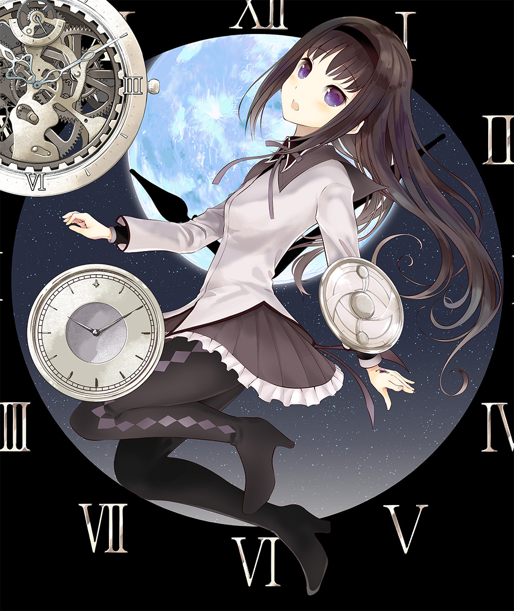 1girl akasaka_aka akemi_homura analog_clock argyle argyle_legwear arms_at_sides black_background black_hair black_hairband black_legwear breasts capelet clock commentary_request dot_nose expressionless eyebrows_visible_through_hair feet_up frilled_skirt frills full_body gears grey_capelet grey_ribbon grey_skirt hairband head_tilt light_blush long_hair long_sleeves looking_at_viewer mahou_shoujo_madoka_magica neck_ribbon pantyhose parted_lips pleated_skirt ribbon roman_numeral shield simple_background skirt small_breasts solo teeth upper_teeth violet_eyes wavy_hair