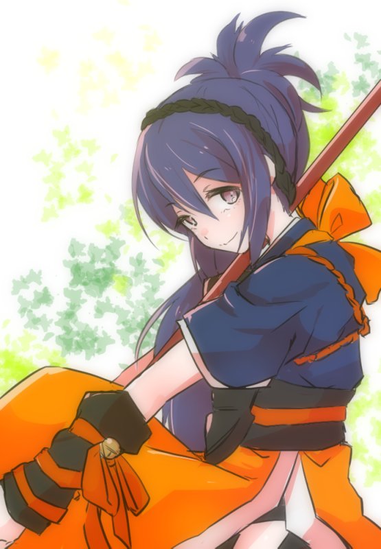 1girl armor bangs blue_eyes blue_hair fire_emblem fire_emblem_fates hairband holding holding_lance holding_polearm holding_weapon japanese_armor japanese_clothes lance long_hair looking_at_viewer oboro_(fire_emblem) pamm polearm ponytail ribbon upper_body weapon