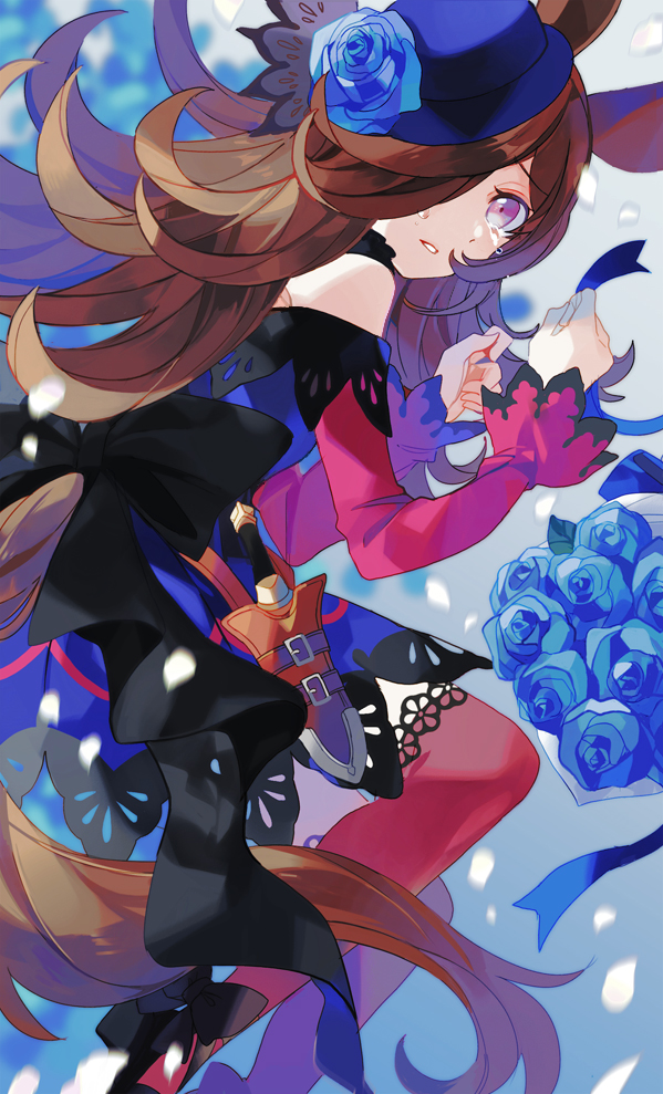 1girl animal_ears bangs black_bow blue_dress blue_flower blue_headwear blue_rose blurry blurry_background bouquet bow brown_hair chachi_(azuzu) clenched_hands crying crying_with_eyes_open dagger dress eyebrows_visible_through_hair eyes_visible_through_hair flower flying from_side fur_collar hair_over_one_eye hands_up hat hat_flower horse_ears horse_tail knife light long_hair long_sleeves looking_at_viewer lying off-shoulder_dress off_shoulder on_side parted_lips petals red_legwear red_sleeves ribbon ribbon-trimmed_legwear ribbon_trim rice_shower_(umamusume) rose scabbard shadow sheath solo tail tears teeth thigh-highs tilted_headwear umamusume violet_eyes weapon white_background