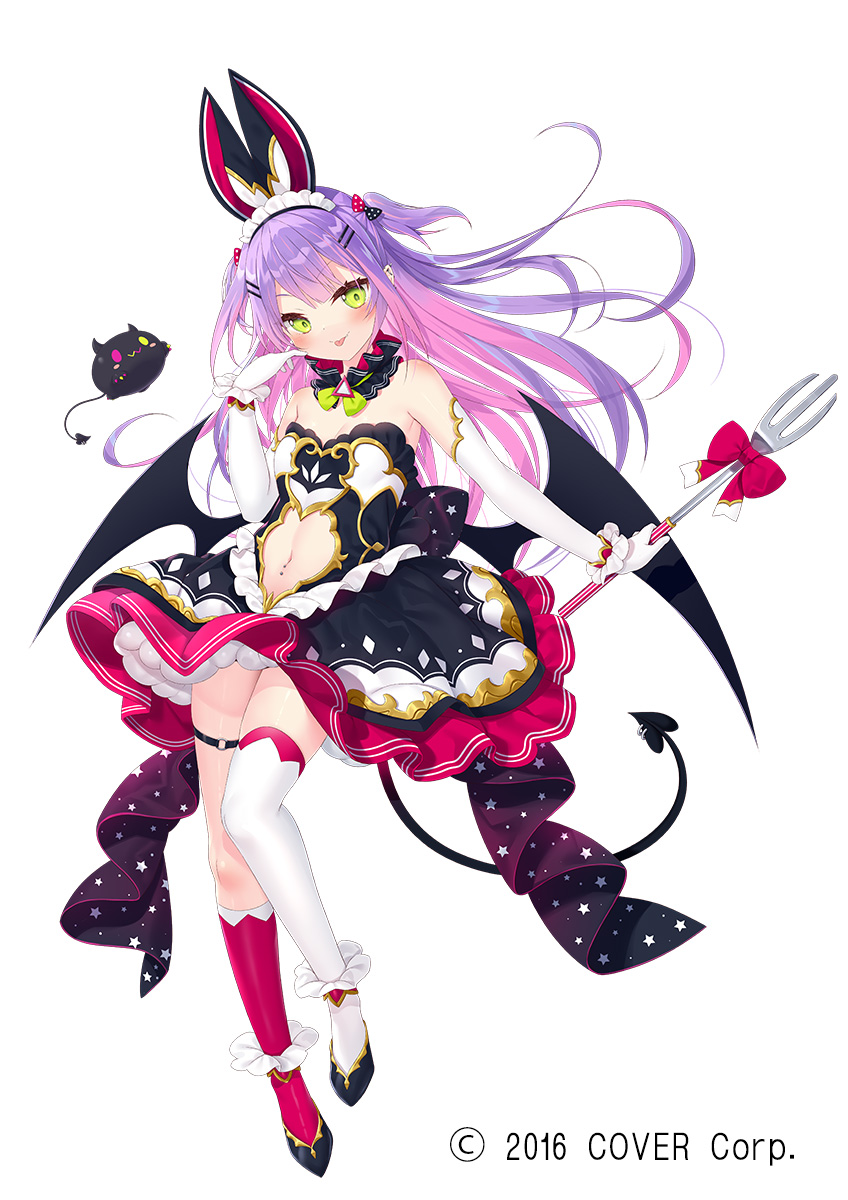 1girl bangs bibi_(tokoyami_towa) black_bow black_dress blush bow clothing_cutout demon_girl demon_tail dress fork green_eyes hair_bow highres holding holding_fork hololive long_hair maid_headdress navel off-shoulder_dress off_shoulder official_art purple_hair red_bow single_thighhigh smile solo stomach_cutout tail thigh-highs thigh_strap tokoyami_towa tongue tongue_out two_side_up white_background yano_mitsuki