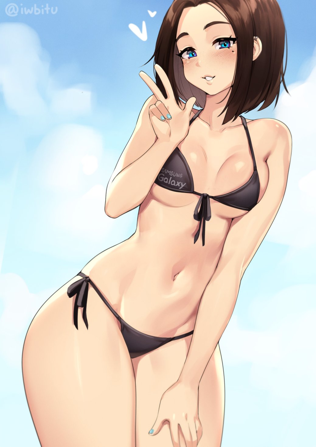 1girl bare_arms bare_shoulders bikini black_bikini blue_eyes blue_nails blush breasts brown_hair clothes_writing collarbone freckles front-tie_bikini front-tie_top groin hand_on_own_thigh heart highres iwbitu-sa looking_at_viewer medium_breasts mole mole_under_eye nail_polish navel parted_lips samsung_electronics samsung_sam short_hair side-tie_bikini smile solo swimsuit thighs twitter_username w