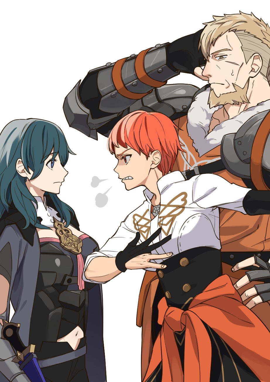 1boy 2girls armor armored_dress beard black_gloves black_shorts black_skirt blue_eyes blue_hair breasts brown_eyes byleth_(fire_emblem) byleth_eisner_(female) clenched_teeth cloak closed_mouth clothes_around_waist coat commentary dagger detached_collar eyebrows_visible_through_hair facial_hair fingerless_gloves fire_emblem fire_emblem:_three_houses from_side fur-trimmed_coat fur_trim garreg_mach_monastery_uniform glaring gloves hand_on_own_head high-waist_skirt highres jeralt_reus_eisner jewelry knife leonie_pinelli light_brown_hair looking_at_another medium_breasts medium_hair midriff multiple_girls navel necklace orange_coat orange_eyes orange_hair pauldrons profile scabbard scar scar_on_face scowl sheath sheathed shirt shishima_eichi short_hair shorts shoulder_armor simple_background skirt small_breasts sweatdrop teeth undercut upper_body vambraces weapon white_background white_shirt