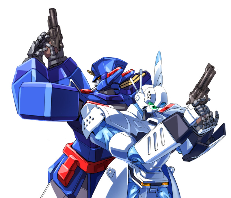 av-98_ingram back-to-back deckerd gun holding holding_gun holding_weapon kidou_keisatsu_patlabor mecha no_humans police revolver taedu weapon white_background yuusha_keisatsu_j-decker yuusha_series