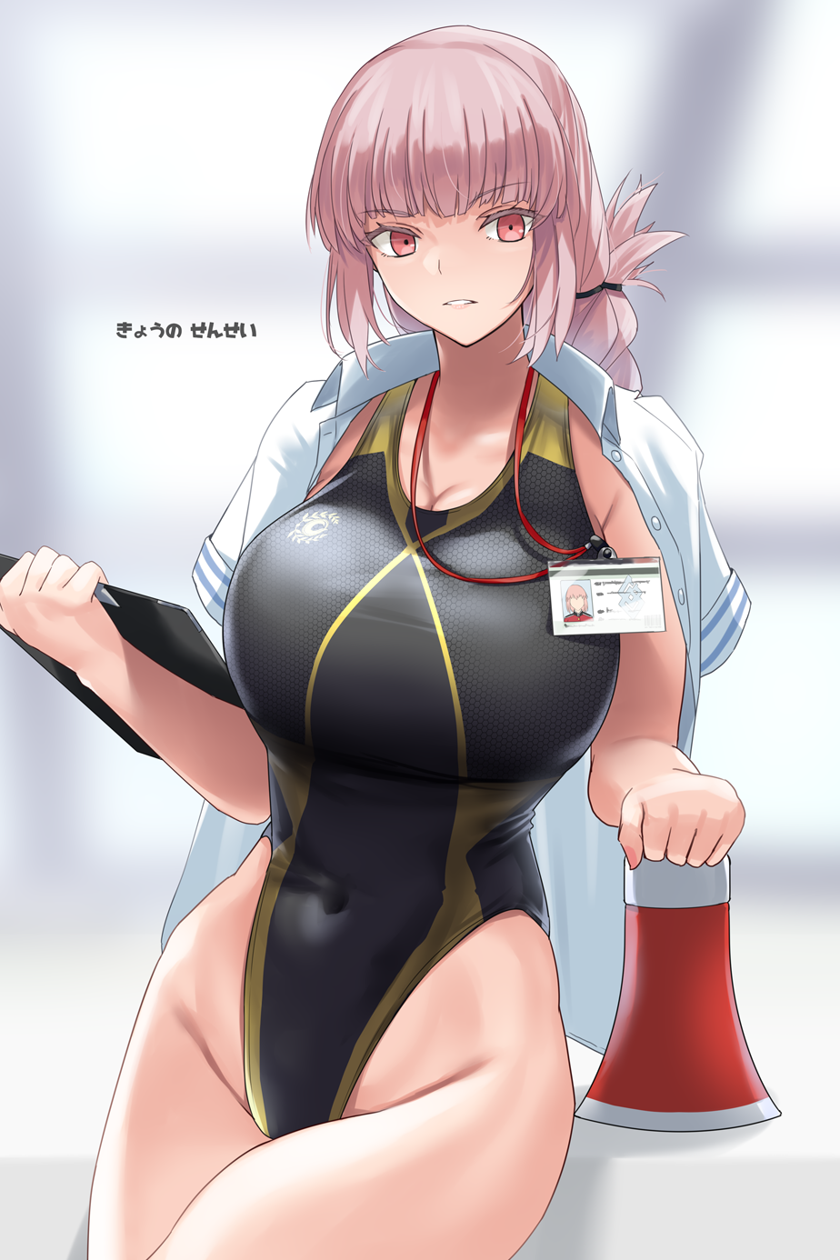 1girl bangs bare_shoulders black_swimsuit blurry blurry_background braid breasts clipboard collarbone covered_navel dress_shirt fate/grand_order fate_(series) florence_nightingale_(fate) folded_ponytail gachou highleg highleg_swimsuit highres hip_focus huge_breasts lanyard long_hair looking_at_viewer megaphone one-piece_swimsuit open_clothes open_shirt pink_hair shirt shirt_on_shoulders single_braid solo swimsuit thighs translation_request two-tone_swimsuit white_shirt yellow_swimsuit