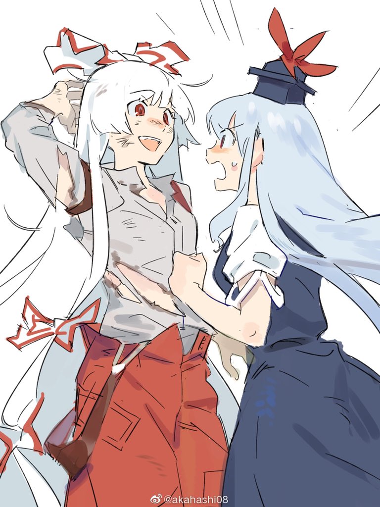 2girls arm_up blue_headwear blush bow breasts collared_shirt commentary cowboy_shot dirty dirty_clothes dirty_face emphasis_lines eyebrows_visible_through_hair fujiwara_no_mokou grey_shirt hair_bow hand_on_own_head hat injury iovebly kamishirasawa_keine light_blue_hair long_hair long_sleeves looking_at_another medium_breasts multiple_girls open_mouth pants red_eyes red_pants shirt simple_background sketch small_breasts straight_hair suspenders sweatdrop symbol_commentary torn_clothes touhou very_long_hair weibo_username white_background white_hair worried