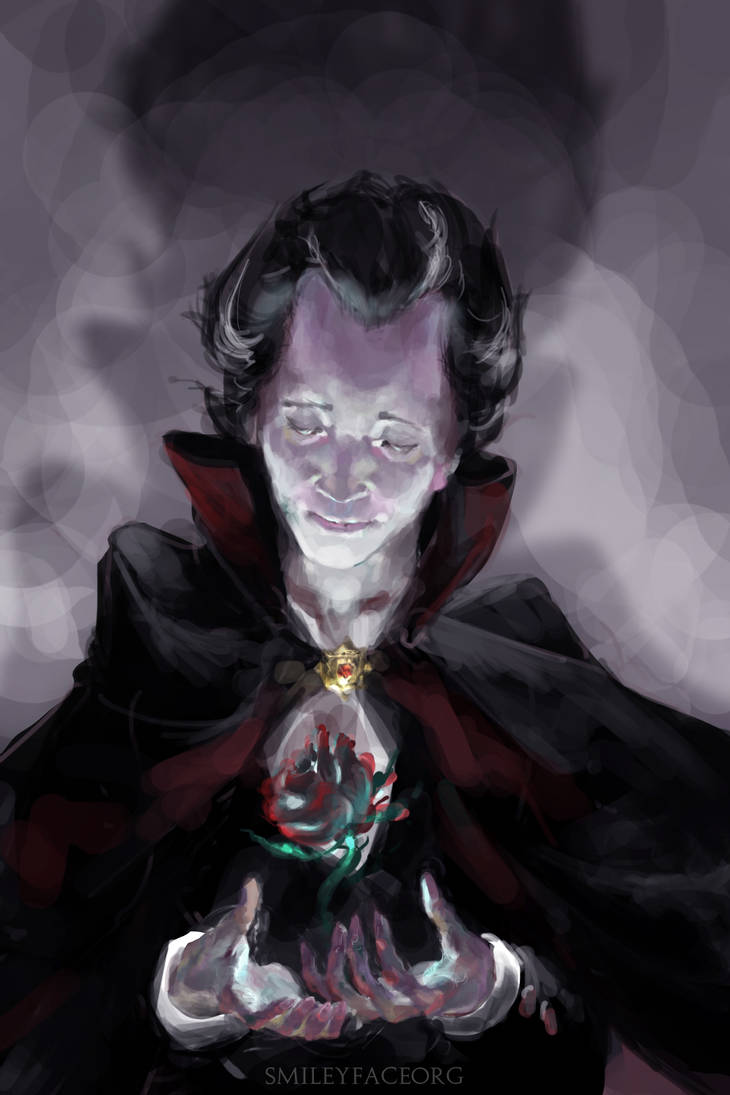 1boy black_hair brooch brush_stroke cape count_bram floating floating_object flower grey_background hands_out holding holding_flower jewelry looking_down multicolored_hair old old_man pale_skin poptropica portrait rose sad_smile shaded_face shadow smile smileyfaceorg solo streaked_hair vampire