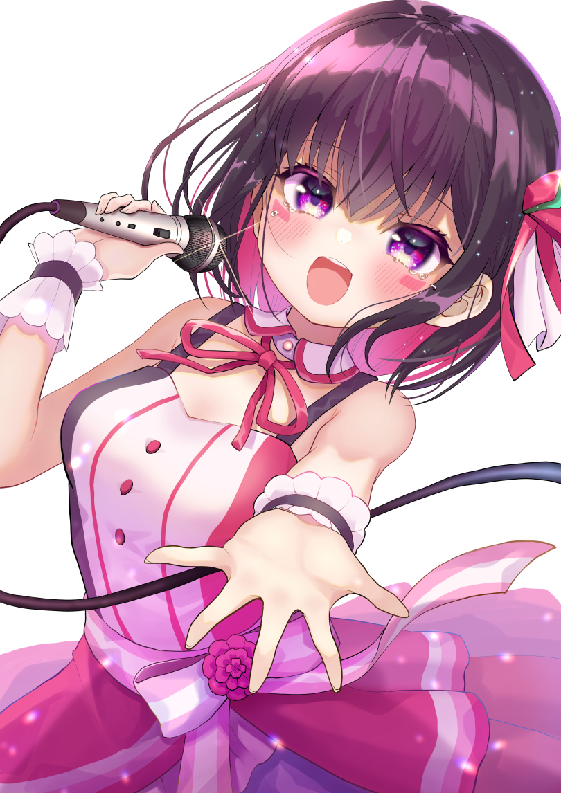 1girl :d :o azki_(hololive) beckoning black_hair blush bow_dress chocomarybadend colored_inner_hair detached_collar dress facial_mark hair_ribbon happy_tears holding holding_microphone hololive idol looking_at_viewer microphone multicolored_hair music open_mouth pink_dress pink_hair reaching_out ribbon sash shirt short_hair simple_background singing sleeveless sleeveless_dress smile solo tearing_up tears two-tone_hair upper_teeth violet_eyes virtual_youtuber white_background white_shirt wing_collar