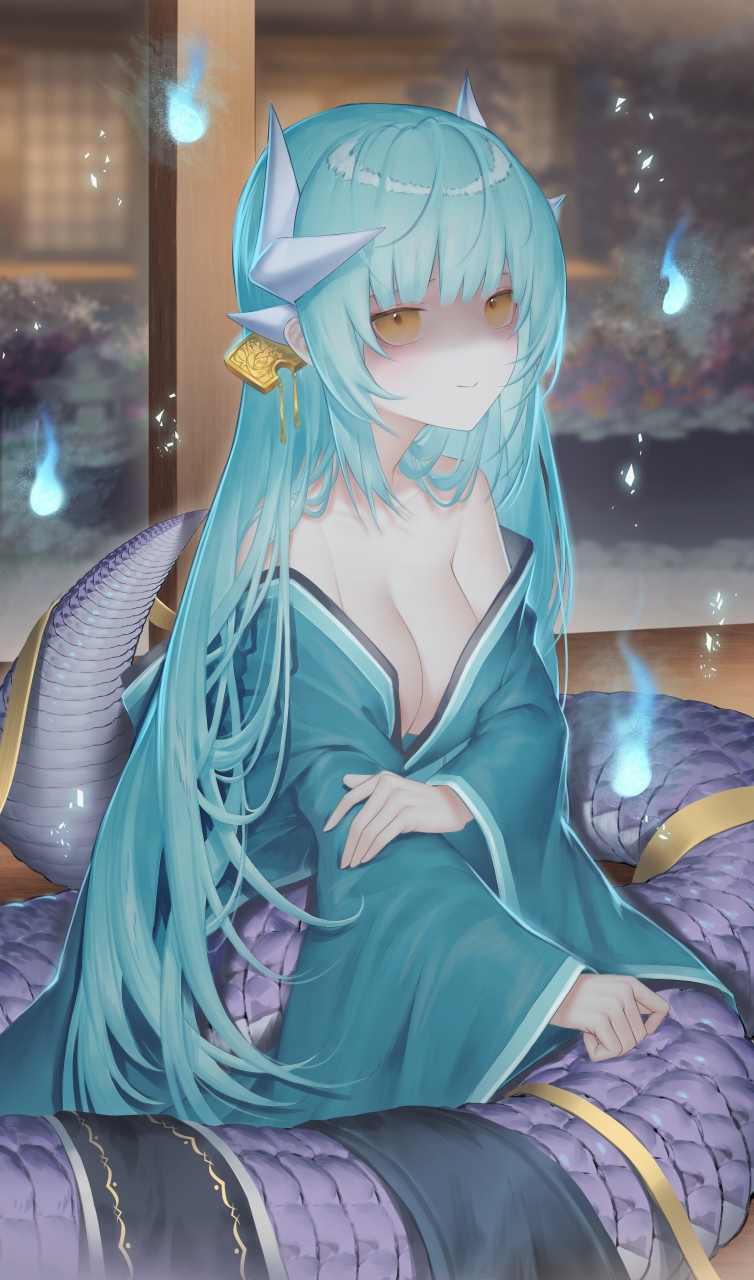 1girl aqua_hair aqua_kimono breasts dmith dragon_girl dragon_horns fate/grand_order fate_(series) highres horns japanese_clothes kimono kiyohime_(fate) lamia long_hair medium_breasts monster_girl multiple_horns off_shoulder solo very_long_hair wide_sleeves yellow_eyes