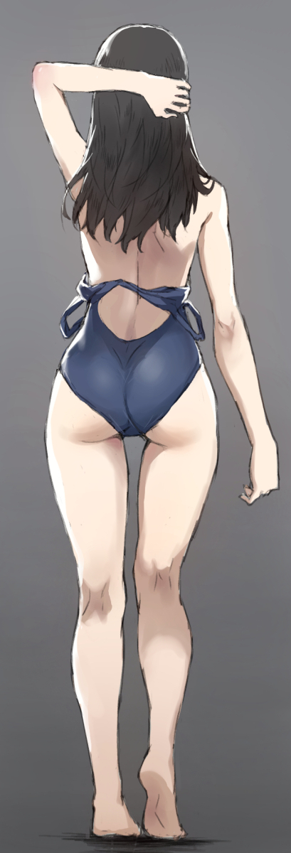 1girl arm_behind_head arm_up ass bare_legs barefoot black_hair clothes_pull competition_school_swimsuit facing_away from_behind full_body gradient gradient_background grey_background highres kneepits long_hair one-piece_swimsuit original revision simple_background sketch solo swimsuit swimsuit_pull tonee