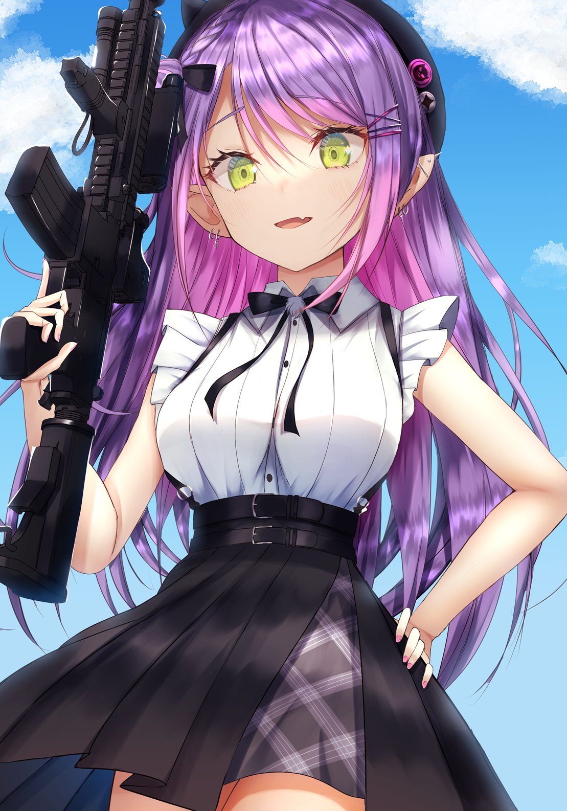 1girl assault_rifle bangs bare_arms belt beret black_headwear black_neckwear black_skirt blue_sky bow bowtie braid breasts collared_shirt colored_inner_hair commentary cowboy_shot demon_girl ear_piercing eyebrows_visible_through_hair fang frilled_shirt frills green_eyes gun hair_ornament hairclip hand_on_hip hand_up hat highres holding holding_gun holding_weapon hololive long_hair looking_at_viewer m4_carbine medium_breasts multicolored_hair nail_polish nidaime_(doronbo) official_alternate_costume open_mouth outdoors piercing pink_hair pink_nails pleated_skirt pointy_ears purple_hair rifle shadow shiny shiny_clothes shiny_hair shirt sidelocks skin_fang skirt sky solo streaked_hair suspender_skirt suspenders swept_bangs tokoyami_towa trigger_discipline virtual_youtuber weapon