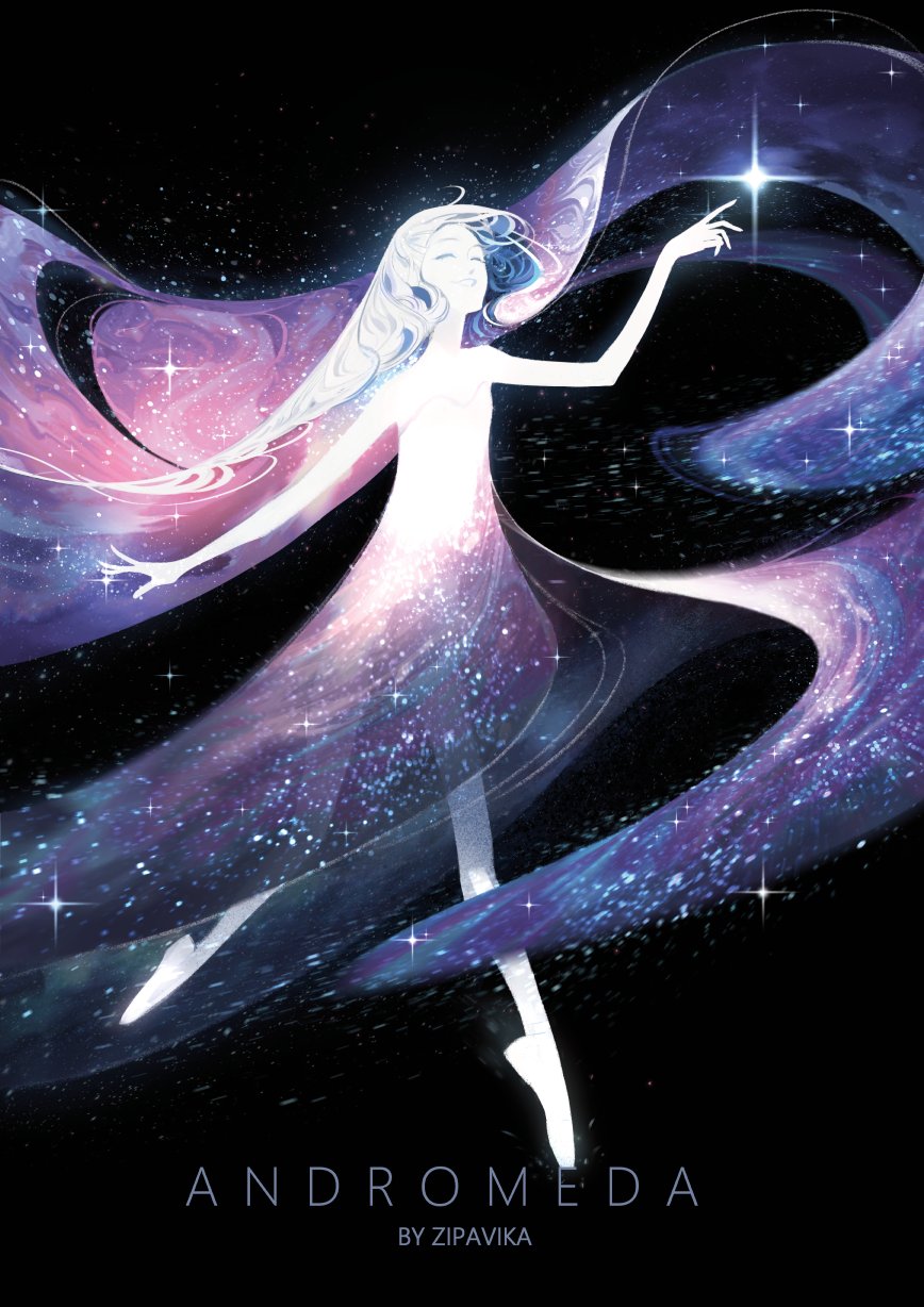 1girl andromeda_(galaxy) ballet ballet_slippers closed_eyes colored_inner_hair colored_skin commentary dancing dress english_commentary floating_hair hand_up highres long_dress long_hair multicolored_hair original personification purple_hair smile solo standing standing_on_one_leg star_(sky) starry_sky_print very_long_hair white_skin zipavika