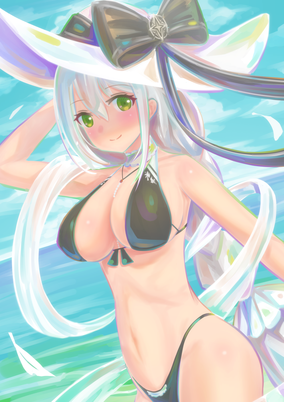 1girl aquila_(azur_lane) aquila_(sardegnian_shallows_and_sunshine)_(azur_lane) azur_lane bare_shoulders bikini black_bikini black_bow black_ribbon bow braid breasts center_opening covered_nipples dutch_angle eyebrows_visible_through_hair green_eyes hat highleg highleg_bikini highres holding holding_clothes holding_hat large_breasts long_hair looking_at_viewer official_alternate_costume ribbon see-through single_braid solo sun_hat swimsuit very_long_hair water white_hair white_headwear zusshii_(libertasgenesis)