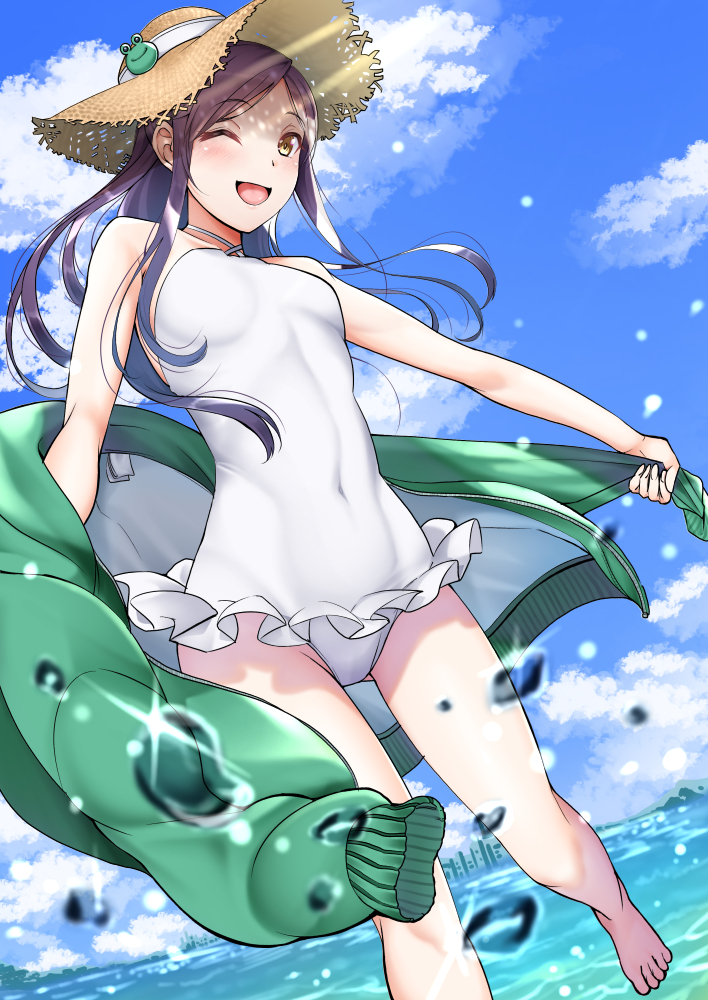 1girl barefoot blue_sky breasts casual_one-piece_swimsuit clouds day dutch_angle frilled_swimsuit frills green_jacket hat horizon jacket kaeru_(ka=l) long_hair looking_at_viewer ocean one-piece_swimsuit original outdoors purple_hair sky small_breasts solo standing straw_hat sun_hat swimsuit water white_swimsuit yellow_eyes