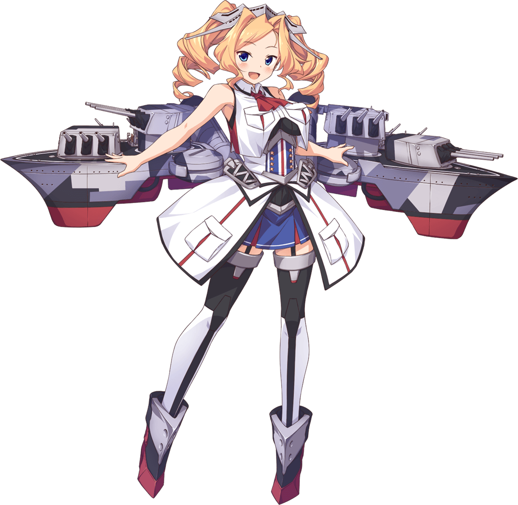 1girl blonde_hair blue_eyes breasts drill_hair full_body headgear honolulu_(kancolle) kantai_collection large_breasts looking_at_viewer machinery miniskirt multicolored multicolored_clothes official_art open_mouth skirt smile solo thigh-highs transparent_background turret twintails ugume