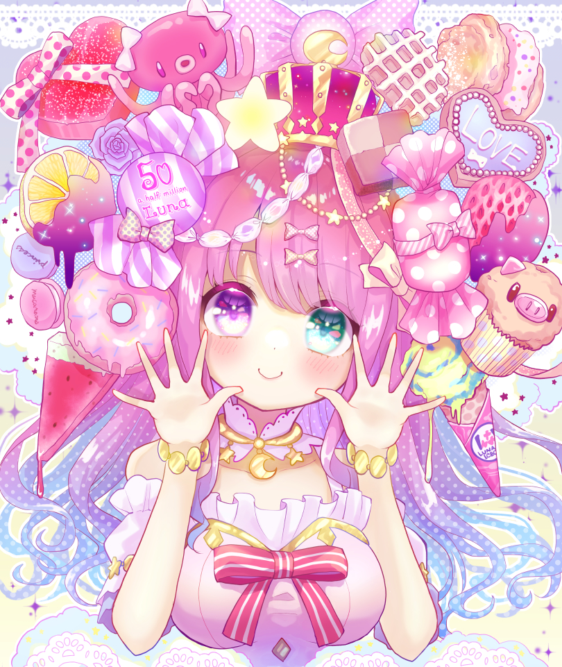 1girl blush bracelet breasts candy chocomarybadend closed_mouth crescent_necklace crown detached_sleeves dress food frilled_dress frills gradient_hair green_eyes heterochromia himemori_luna hololive jewelry large_breasts long_hair looking_at_viewer multicolored_hair off-shoulder_dress off_shoulder pink_dress pink_hair princess purple_hair smile solo violet_eyes virtual_youtuber wavy_hair