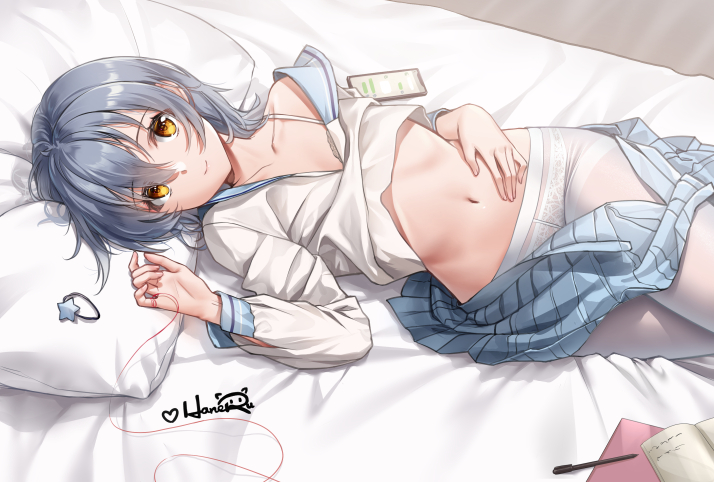 1girl bangs blue_hair blue_sailor_collar blue_skirt bra_strap cellphone clothes_lift clothes_pull collarbone commentary_request eyebrows_visible_through_hair hand_on_own_stomach haneru haru_(haneru) himitsu_no_jugyou long_sleeves looking_at_viewer lying medium_hair navel on_back on_bed original pantyhose pen phone pillow sailor_collar shirt shirt_lift signature skirt skirt_pull smartphone smile solo stomach string string_of_fate white_legwear white_shirt yellow_eyes