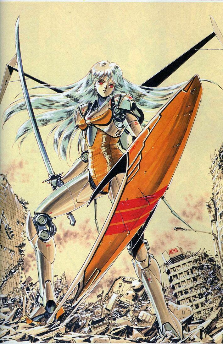 1girl ariel_(mecha) ariel_(novel) breasts floating_hair holding holding_shield long_hair mecha mechanical_wings no_humans novel_illustration official_art parted_lips red_eyes rubble science_fiction shield silver_hair small_breasts solo standing suzuki_masahisa wings