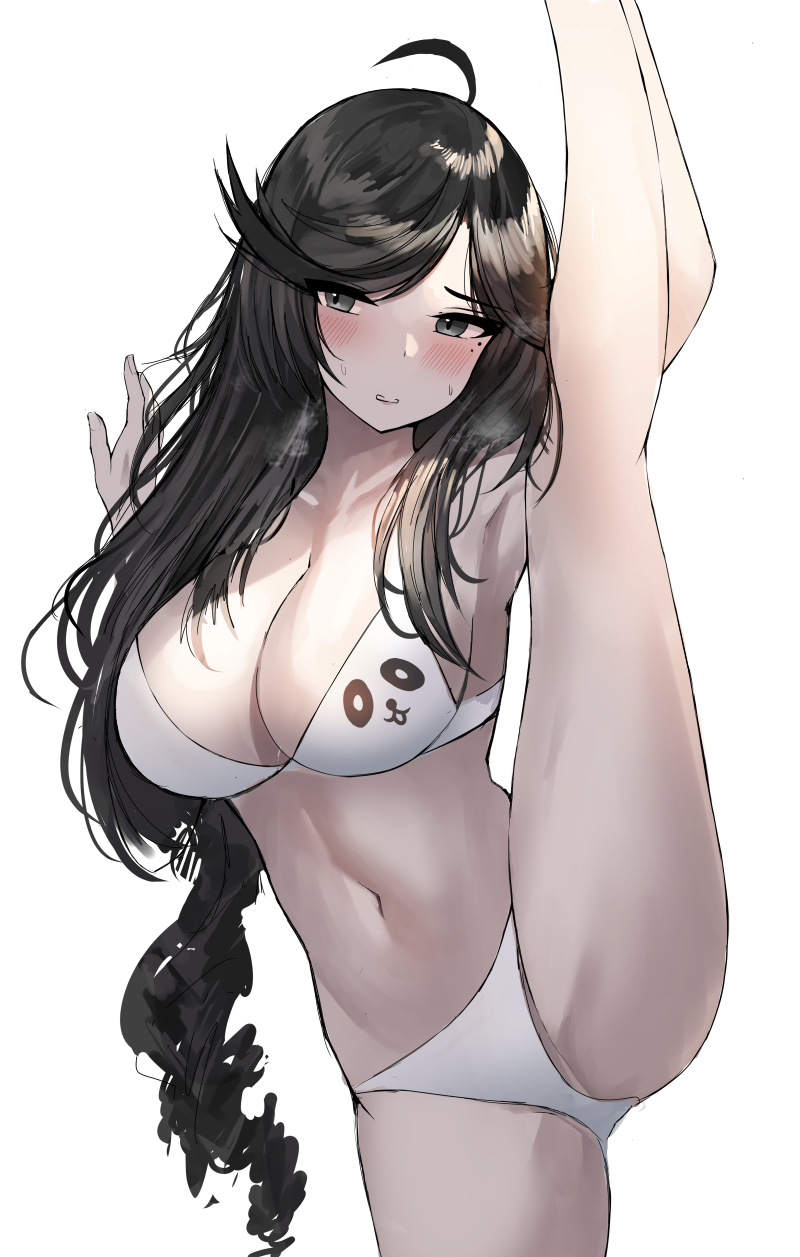 1girl animal_print arm_up armpits balancing bangs bear_print bikini black_hair blush braid breasts general_liu_(girls_frontline) girls_frontline hei_d highres holding_legs large_breasts leaning_to_the_side leg_up long_hair looking_to_the_side low-tied_long_hair navel nervous nervous_smile panda_print shadow shiny shiny_skin solo split standing standing_on_one_leg standing_split sweat swimsuit white_bikini