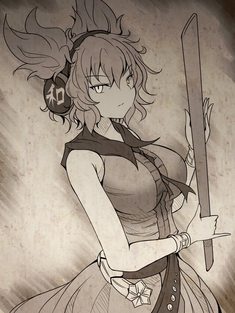 1girl bangs belt breasts closed_mouth dress earmuffs erechan eyebrows_visible_through_hair holding large_breasts looking_at_viewer monochrome pointy_hair ritual_baton sailor_collar short_hair sleeveless sleeveless_dress solo standing touhou toyosatomimi_no_miko upper_body v-shaped_eyebrows