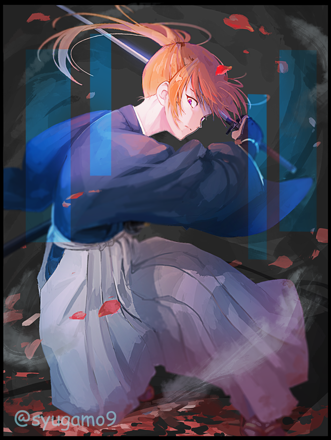 1boy blue_kimono closed_mouth floating_hair frown grey_hakama hakama himura_kenshin holding holding_sword holding_weapon japanese_clothes katana kimono kuo_tasuku long_hair looking_at_viewer male_focus one_knee orange_hair ponytail red_eyes rurouni_kenshin sheath solo sword weapon