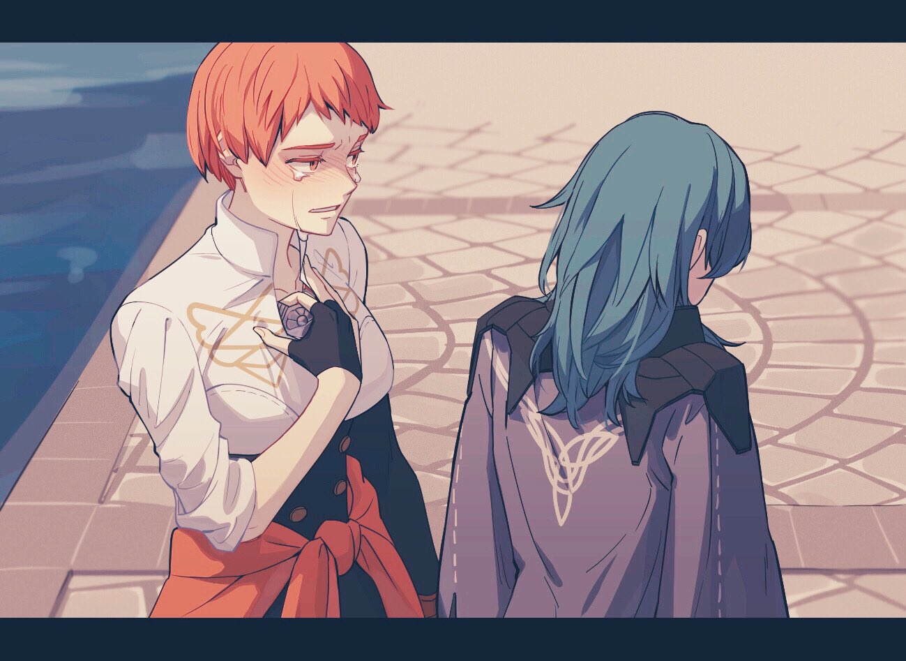 2girls back black_gloves black_skirt blue_hair breasts byleth_(fire_emblem) byleth_eisner_(female) clenched_teeth cloak clothes_around_waist commentary crying crying_with_eyes_open fingerless_gloves fire_emblem fire_emblem:_three_houses from_behind garreg_mach_monastery_uniform gloves grey_cloak hand_on_own_chest high-waist_skirt jewelry leonie_pinelli letterboxed looking_down medium_breasts medium_hair multiple_girls necklace orange_eyes orange_hair outdoors pavement shirt shishima_eichi short_hair skirt sleeves_rolled_up tears teeth upper_body water white_shirt