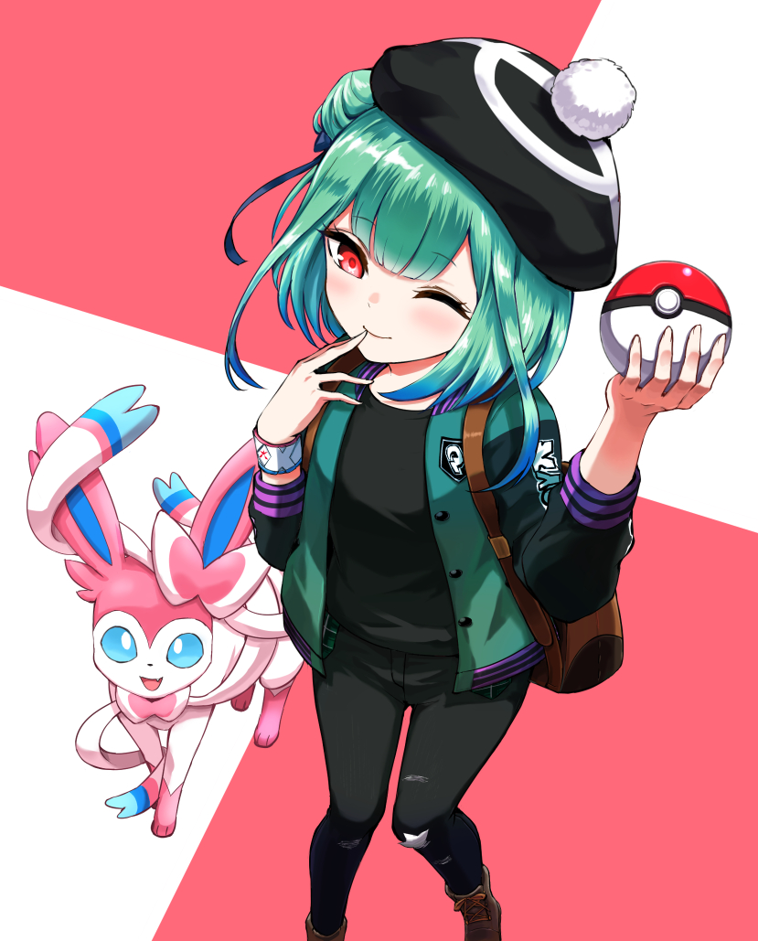 1girl black_headwear black_pants crossover double_bun dynamax_band finger_to_mouth from_above gen_6_pokemon green_hair green_jacket hat hololive jacket one_eye_closed pants poke_ball poke_ball_(basic) pokemon pokemon_(creature) red_eyes smile sylveon tilted_headwear uruha_rushia virtual_youtuber wristband yuu201023