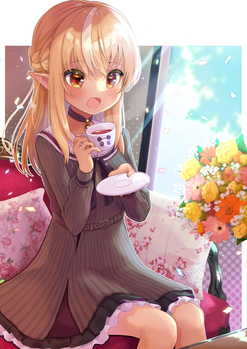 1girl :d black_choker blonde_hair blush bouquet braid brown_eyes chocomarybadend choker couch cup dark-skinned_female dark_skin dress elf flower flower_pot french_braid grey_dress half_updo holding holding_cup hololive jewelry kintsuba_(shiranui_flare) long_hair multicolored_hair on_couch open_mouth pendant pinstripe_dress pinstripe_pattern pointy_ears sailor_dress shiranui_flare sitting sleeveless sleeveless_dress smile solo streaked_hair striped teacup virtual_youtuber