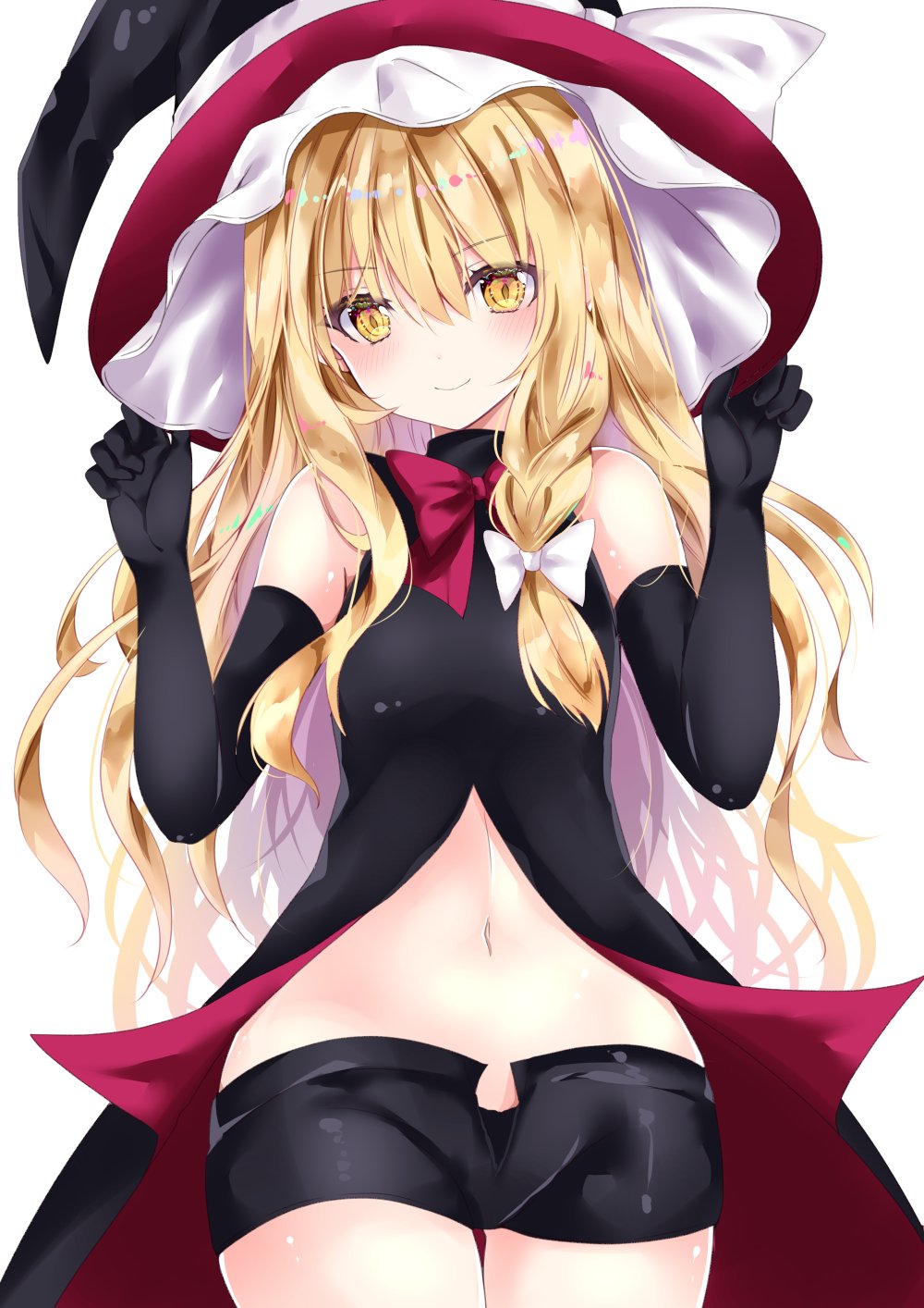 1girl bangs black_gloves black_headwear black_shorts blonde_hair bow braid closed_mouth cowboy_shot elbow_gloves eyebrows_visible_through_hair frilled_hat frills gloves hair_between_eyes hair_bow hands_on_headwear hat hat_bow highres kirisame_marisa long_hair looking_at_viewer nanase_nao navel open_clothes open_shorts red_bow shorts side_braid simple_background single_braid sleeveless smile solo standing touhou white_background white_bow witch_hat yellow_eyes