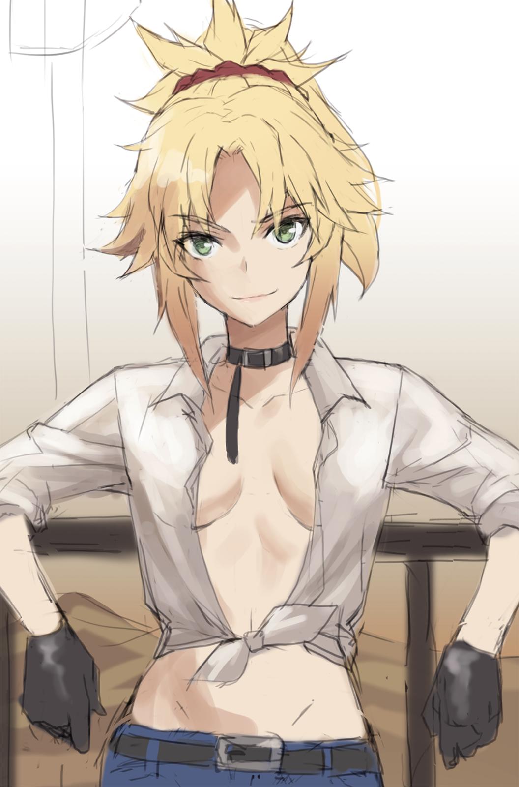 1girl against_railing belt belt_collar black_belt black_gloves blonde_eyebrows blonde_hair blue_pants breasts breasts_apart closed_mouth collar cowboy_shot fate/grand_order fate_(series) gloves green_eyes highres looking_at_viewer mordred_(fate) mordred_(fate)_(all) no_bra open_clothes open_shirt pants ponytail shirt sketch smile smug solo tied_shirt tonee white_shirt