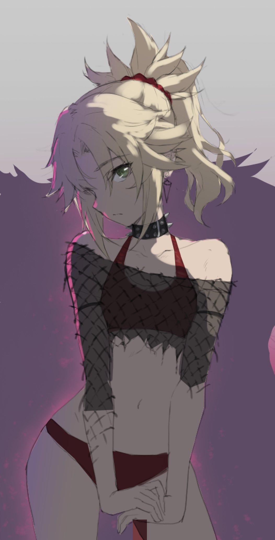 1girl blonde_hair bra closed_mouth contrapposto cowboy_shot earrings fate/grand_order fate_(series) green_eyes highres jewelry looking_at_viewer medium_hair mordred_(fate) mordred_(fate)_(all) navel panties ponytail red_bra red_panties sketch solo standing stomach tonee underwear v_arms