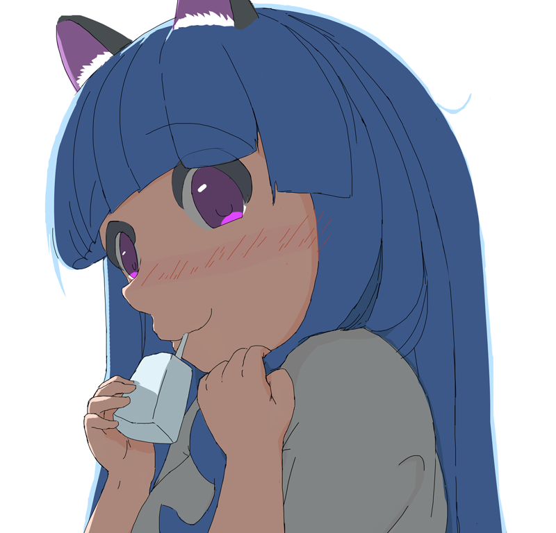 1girl bangs cute drinking furude_rika higurashi_no_naku_koro_ni long_hair milk self_upload smile thombs white_background