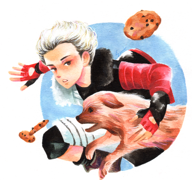 1boy black_hair boots brown_eyes brown_footwear carlos_(descendants) collared_jacket color_ink_(medium) cookie descendants disney dog fingerless_gloves fluff food gloves ichi-ran-ka jacket multicolored_hair pants red_sleeves running traditional_media two-tone_hair two-tone_jacket watercolor_(medium) white_hair white_pants