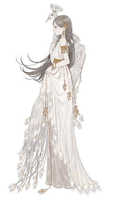 1girl :o ancient animal_on_shoulder armlet bangle bird bird_on_shoulder bity3155660241 bracelet chain dress feather_dress feather_hair_ornament feather_skirt feathers formal goddess gold_belt gold_chain gown greece greek_clothes greek_mythology grey_eyes grey_hair hair_ornament hand_on_own_chest hera hera_(mythology) holding holding_clothes holding_skirt jewelry light_brown_hair long_hair mythology overskirt peacock peacock_feathers skirt skirt_hold solo toga white_background white_dress