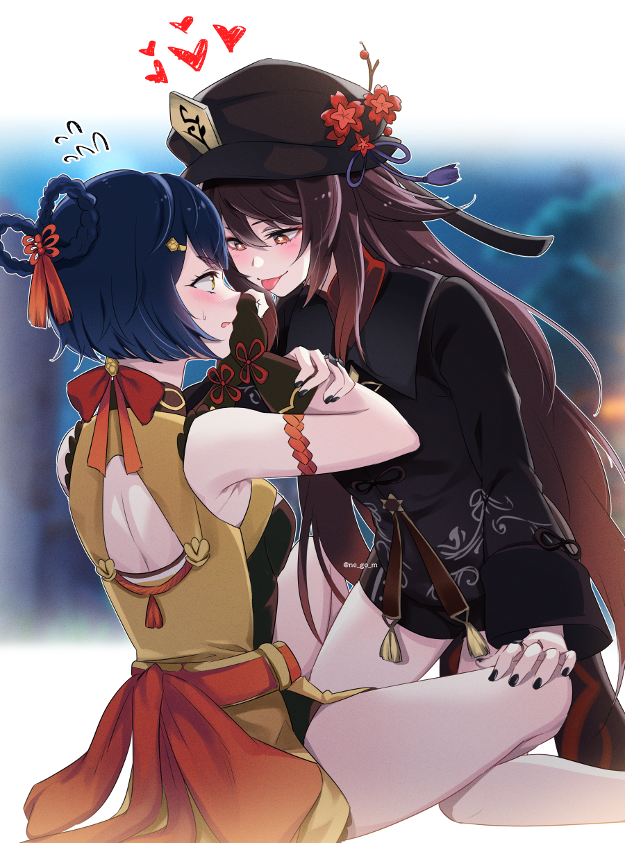 2girls :p artist_name black_coat black_headwear black_nails blue_hair blush braid breasts brooch brown_hair chinese_clothes coat collared_shirt eye_contact eyebrows_visible_through_hair fingerless_gloves fingernails flower flower-shaped_pupils genshin_impact gloves hair_ornament hair_rings hairpin hand_on_another's_knee hand_on_another's_leg hat heart highres holding_another's_arm hu_tao_(genshin_impact) jewelry leg_between_thighs long_hair looking_at_another medium_breasts multiple_girls nail_polish negom plum_blossoms porkpie_hat red_eyes red_shirt ring shirt short_hair sitting symbol-shaped_pupils thighs tied_hair tongue tongue_out xiangling_(genshin_impact) yellow_eyes yuri