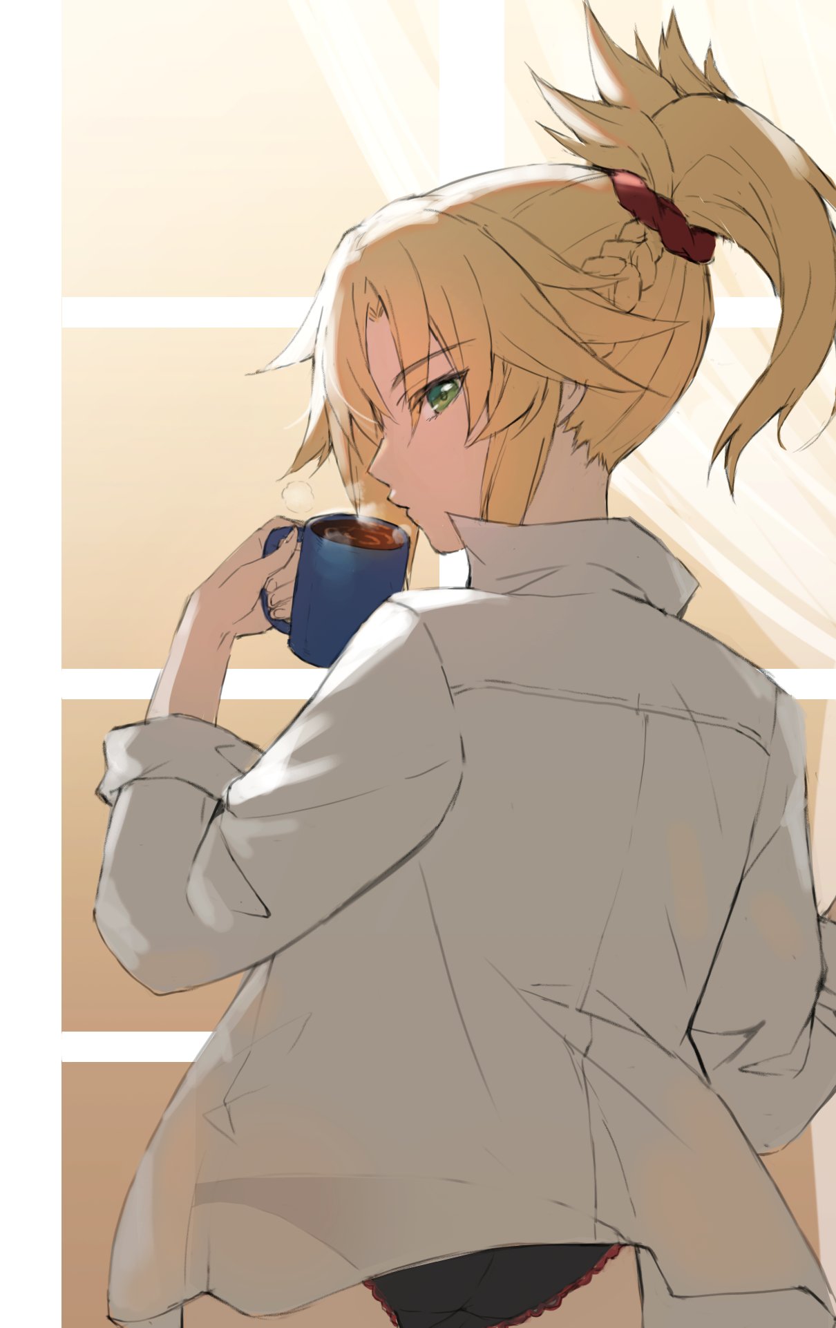 1girl ass black_panties braid coffee coffee_mug cowboy_shot cup eyebrows_visible_through_hair face fate/apocrypha fate/grand_order fate_(series) frilled_panties frills from_behind green_eyes hair_ornament hair_scrunchie hand_up highres holding holding_cup long_hair long_sleeves looking_at_viewer looking_back looking_to_the_side mordred_(fate) mordred_(fate)_(all) mug panties ponytail popped_collar red_scrunchie scrunchie shirt sideways_glance simple_background sipping solo standing steam tonee underwear white_background white_shirt