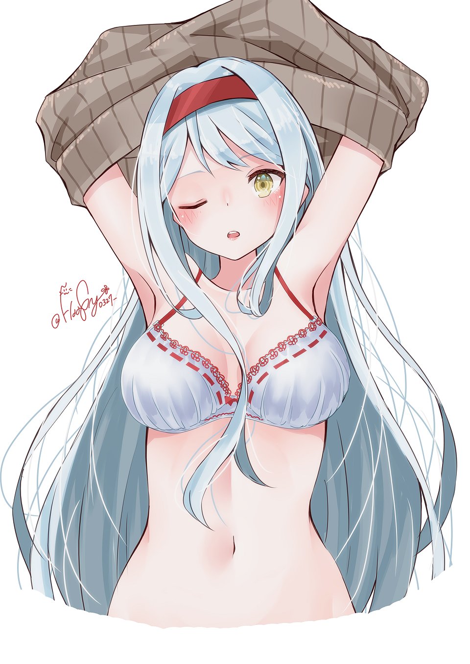 1girl :o arms_up bangs blush bra breasts cropped_torso haggy headband highres kantai_collection large_breasts long_hair open_mouth red_headband ribbon-trimmed_bra ribbon_trim shoukaku_(kancolle) sidelocks simple_background solo twitter_username underwear undressing white_background white_bra white_hair yellow_eyes