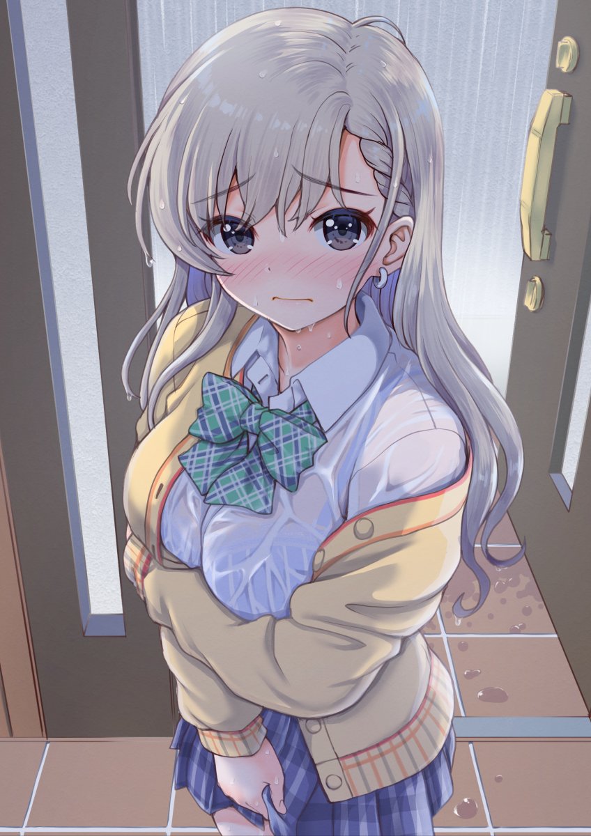 1girl blue_skirt blush bow breasts cardigan closed_mouth commentary_request crying earrings eyebrows_visible_through_hair green_bow grey_hair highres hisakawa_hayate idolmaster idolmaster_cinderella_girls jewelry kaishinshi large_breasts long_hair long_sleeves looking_at_viewer pleated_skirt shirt skirt solo wet wet_clothes wet_shirt wet_skirt