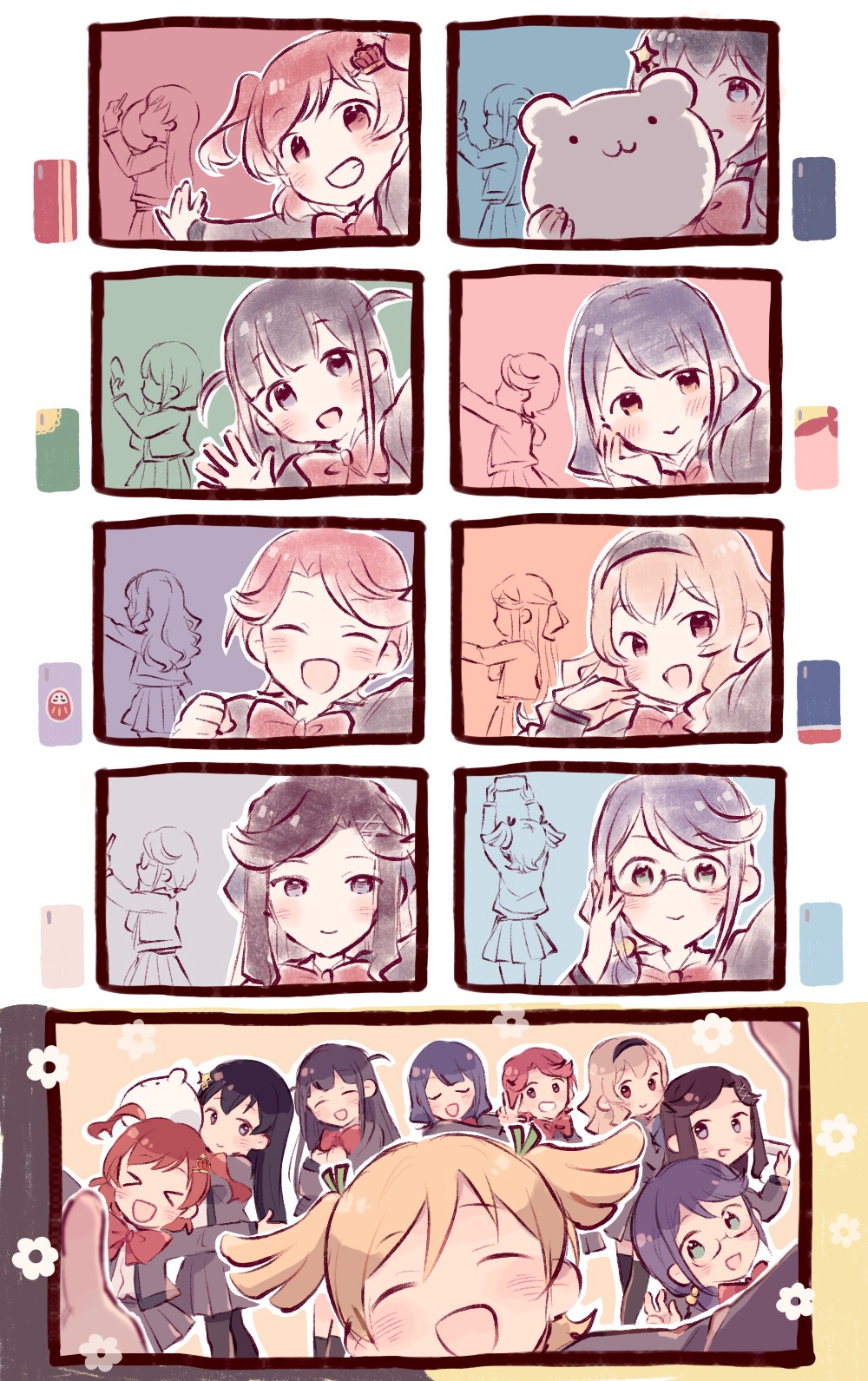 &gt;_&lt; 6+girls :&gt; :d ^_^ adjusting_eyewear aijou_karen arms_up bangs beige_background black_hair black_hairband black_legwear blonde_hair blue_background blue_eyes blunt_bangs blush bow bowtie brown_eyes brown_hair cellphone cellphone_picture closed_eyes closed_mouth commentary crown_hair_ornament daiba_nana eyebrows_visible_through_hair facing_viewer flower_(symbol) glasses green_background green_eyes green_ribbon grey_background grey_jacket grey_skirt grin hair_ornament hair_ribbon hairband hanayagi_kaoruko hand_on_own_cheek hand_on_own_face hand_up hands_on_own_chest hands_up highres holding holding_phone holding_stuffed_toy hoshimi_junna isurugi_futaba jacket kagura_hikari long_hair long_sleeves looking_at_viewer looking_back looking_to_the_side low_ponytail miniskirt multiple_girls one_eye_covered open_clothes open_jacket open_mouth orange_background orange_eyes outstretched_arm outstretched_arms pantyhose parted_bangs phone pink_background pink_eyes pink_hair pleated_skirt purple_background purple_hair red_background red_bow red_neckwear ribbon saijou_claudine school_uniform seishou_music_academy_uniform selfie semi-rimless_eyewear shiny shiny_hair shirt short_hair short_twintails shoujo_kageki_revue_starlight side_ponytail sidelocks skirt smartphone smartphone_case smile socks sparkle_hair_ornament standing stuffed_animal stuffed_toy swept_bangs symbol_commentary teddy_bear tendou_maya thigh-highs tsuyuzaki_mahiru twintails two_side_up under-rim_eyewear v wato_(ko) waving white_background white_shirt x_hair_ornament