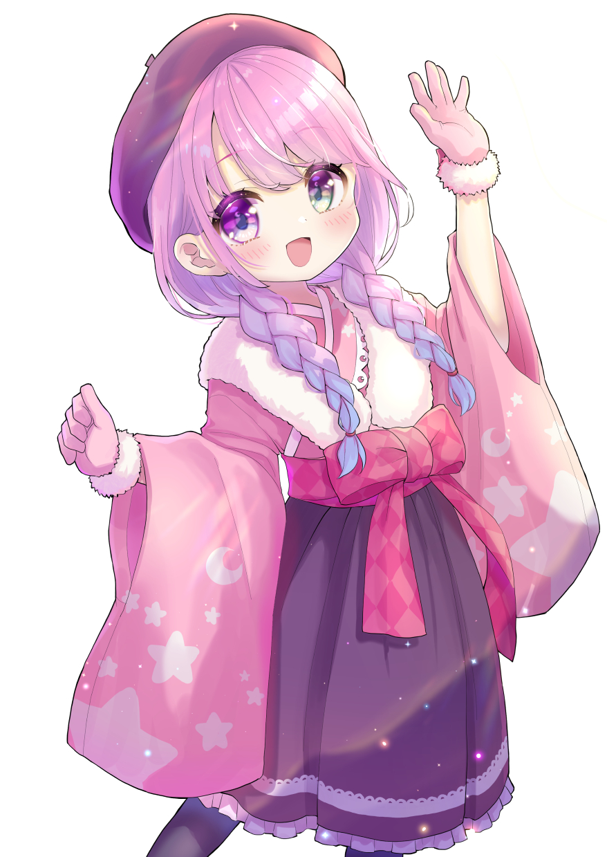 1girl :d apron beret blush braid chocomarybadend clenched_hand fur-trimmed_gloves fur_scarf fur_trim gloves gradient_hair green_eyes hakama_skirt hat heterochromia highres himemori_luna hololive japanese_clothes kimono long_hair looking_at_viewer low_twin_braids multicolored_hair official_alternate_costume open_mouth pantyhose pink_gloves pink_hair pink_kimono purple_hair smile solo thigh-highs twin_braids violet_eyes virtual_youtuber waist_apron waving wide_sleeves