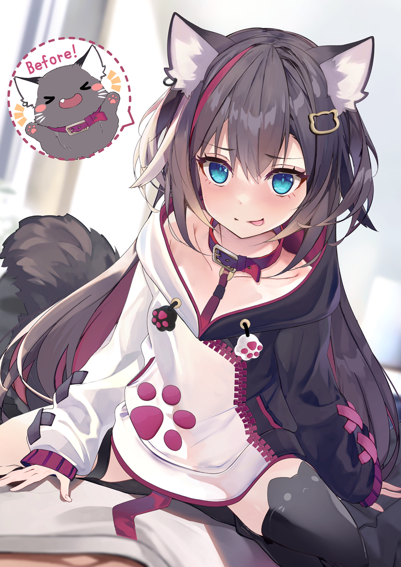 &gt;_&lt; 1girl :d :p animal animal_ear_fluff animal_ear_legwear animal_ears bangs black_cat black_hair black_hoodie black_legwear blue_eyes blurry blurry_background blush cat cat_ear_legwear cat_ears cat_girl cat_tail closed_eyes closed_mouth collar commentary_request depth_of_field dotted_line eyebrows_visible_through_hair fang hair_between_eyes hood hood_down hoodie leash long_sleeves multicolored_hair notice_lines open_mouth original puffy_long_sleeves puffy_sleeves red_collar redhead revision shirokitsune sleeves_past_wrists smile solo_focus straddling streaked_hair tail thigh-highs tongue tongue_out white_hoodie xd