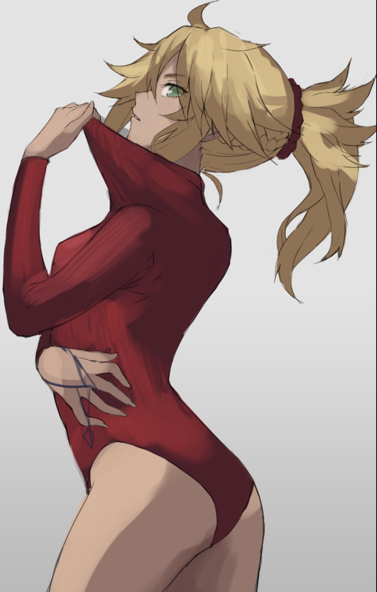 1girl ass blonde_eyebrows blonde_hair braid cat's_cradle contrapposto cowboy_shot fate/apocrypha fate_(series) female_only fingernails french_braid from_side green_eyes hand_up highres leotard leotard_pull long_hair long_sleeves looking_at_viewer looking_to_the_side mordred_(fate) mordred_(fate)_(all) no_panties parted_lips ponytail pulled_by_self red_leotard sideways_glance solo tonee